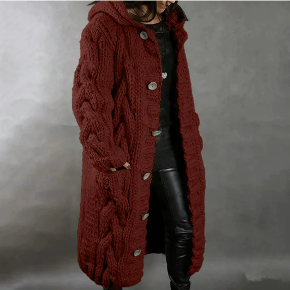 Damenpullover, neuer lässiger, lockerer, europäisch-amerikanischer Mode-Cardigan mit Umlegekragen, gestrickter langer Mantel, Pullovermantel in großen Größen – Detail 24