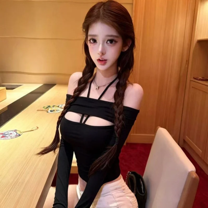 Sexy Long Sleeve Neck Hanging Shoulder T-Shirt Women's Body Shape Highlighting Pure Desire Top for Autumn Season Casual Wear