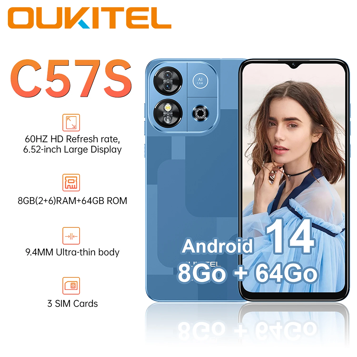 OUKITEL C57S Smartphone Android 14 8G (B2 + 6) RAM+64GB ROM Telephon Portable 6.52 