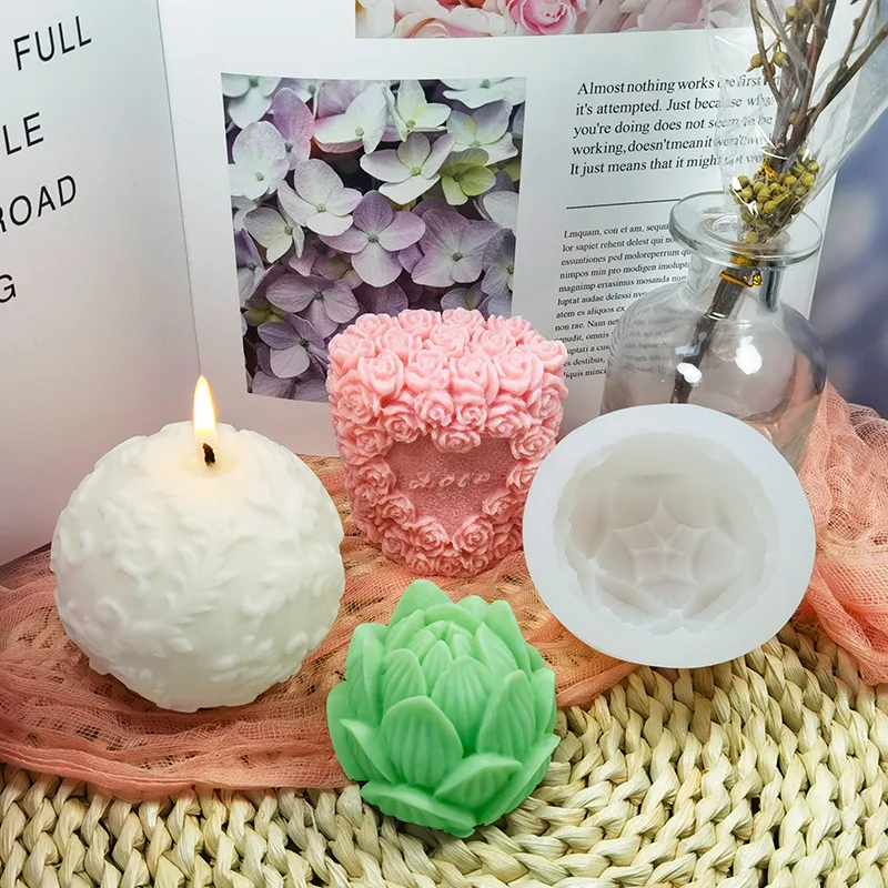 Rose Lotus Aroma Candle Silicone DIY Floral Relief Handmade Soap Plaster Diffuser Stone Resin Mould Home Decor Gift