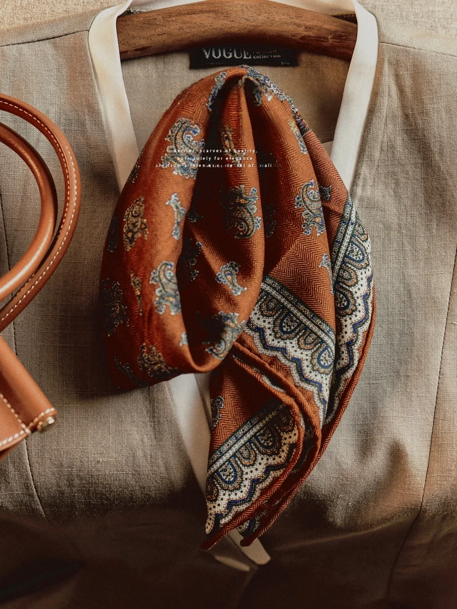 ペイズリー-カシューナッツ-ウール-シルク-スカーフ-レディース-秋冬-高級感-ネックウォーマー-スクエア-スカーフ-多用途-スタイリッシュ-幾何学模様