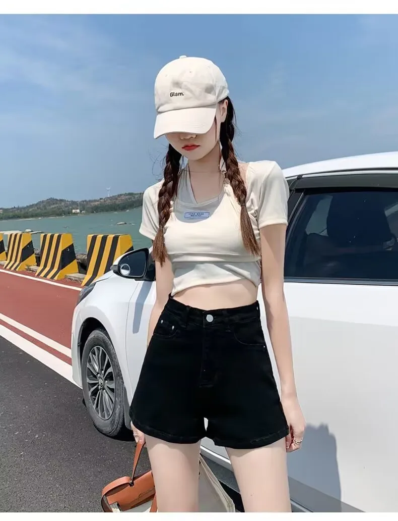 Shorts Womens Vintage American College Wide Leg Denim Drawstring High Waist Loose Fit Retro Campus Sports Style Street Fashion