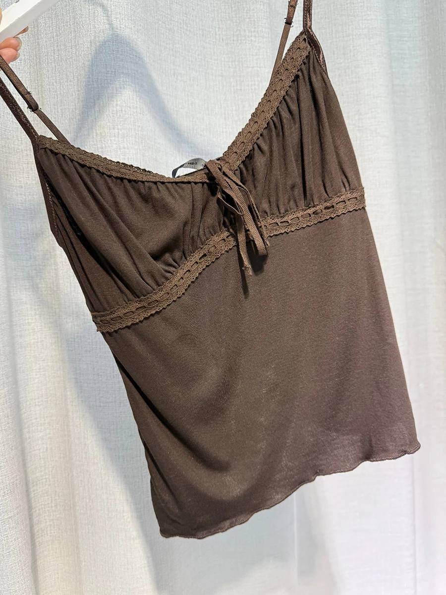 

Винтажные коричневые топы на бретелях с v-образным вырезом, женские летние новые повседневные сексуальные тонкие жилеты без рукавов на шнуровке, милые простые майки в консервативном стиле