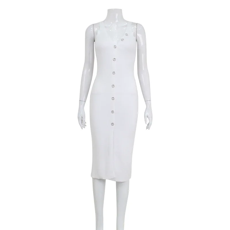 DSMTRC Sexy escote en V profundo hendidura ceñido al cuerpo vestidos de tubo verano elegante Vestido blanco de un solo pecho para mujeres Vestido de noche Vintage