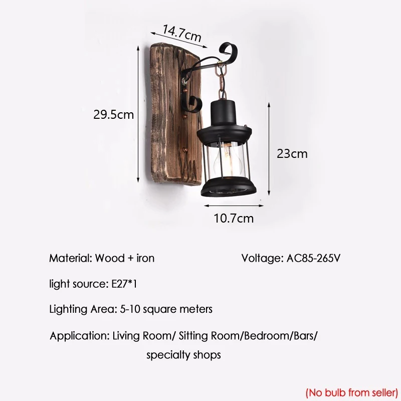 Loft Industrial Restaurant Wall Lamp Wood Vintage Light Bedside Bedroom Cafe Aisle Corridor Glass Wall Light Wood Lamp