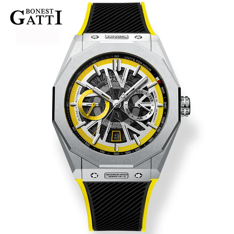 BONEST GATTI BG9601 Fashion Automatic Mechanical Watches Stainless Steel Watchcase Rubber Strap Watches For Men