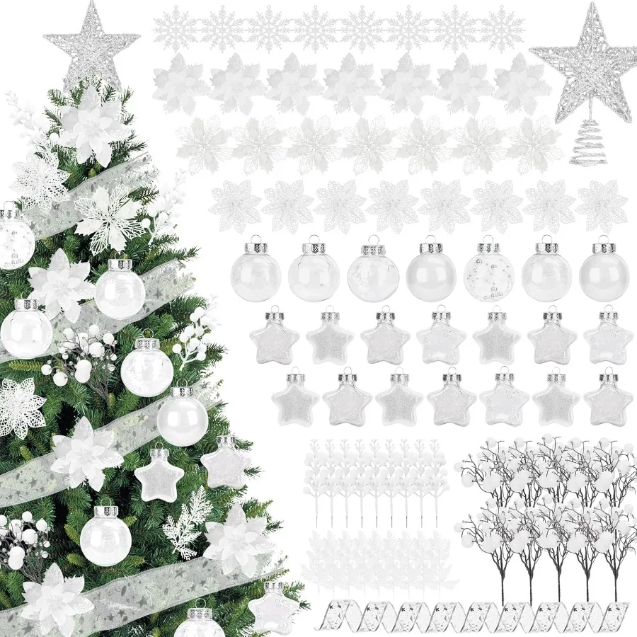 Juego de decoraciones para árboles de Navidad, 99 Uds., bolas de Navidad surtidas, adorno para árbol, tallos de bayas con purpurina, copos de nieve colgantes Le