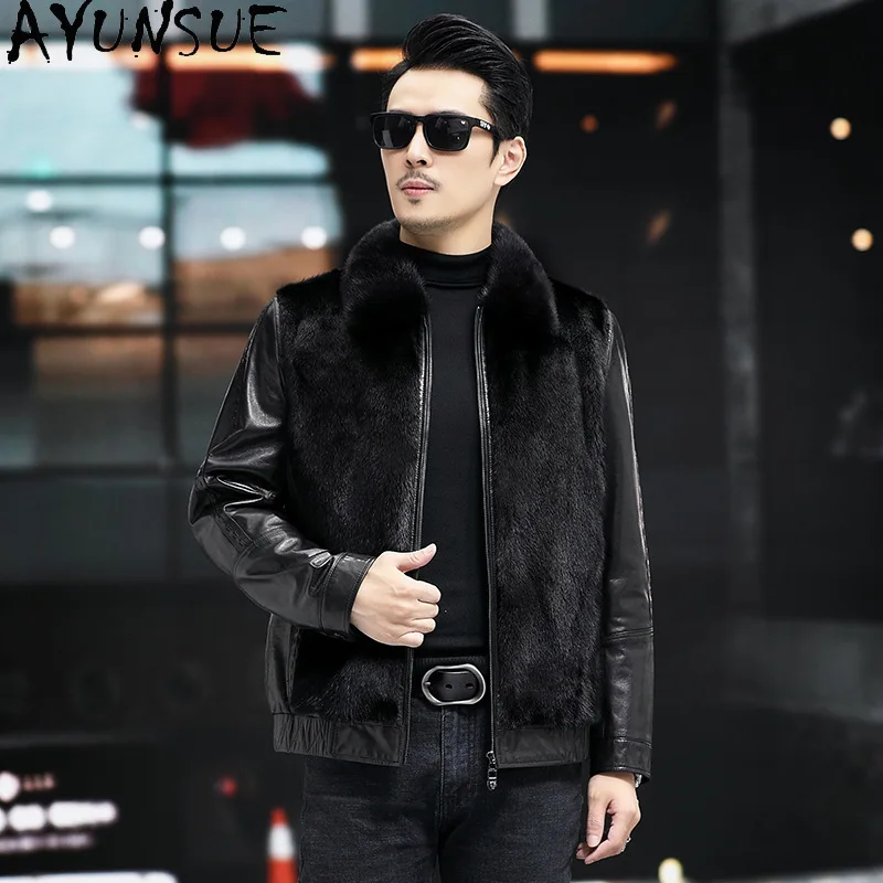 

AYUSNUE Real Goatskin Genuine Leather Jacket Men Winter Clothes High-end Goose Down Coats Man Mink Real Fur Coat Куртка Мужская
