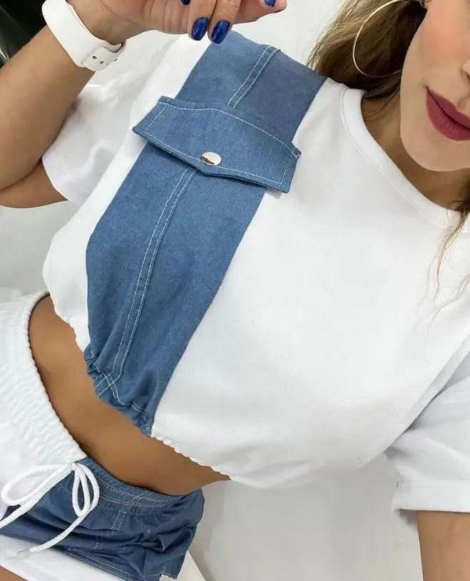 2023 New Hot Selling Casual Fashion Women's Denim Patch Short Sleeve Top and Drawstring Shorts Set