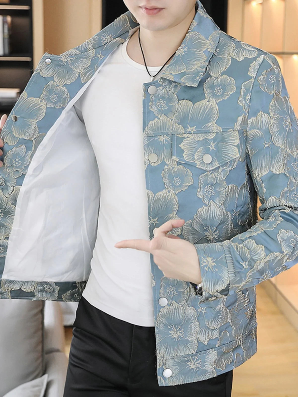 

Casual Men's Jaet Spring 2025 Faionable Floral Print Turn-down Collar All-match Outerwear Sli Busin Urban Wear