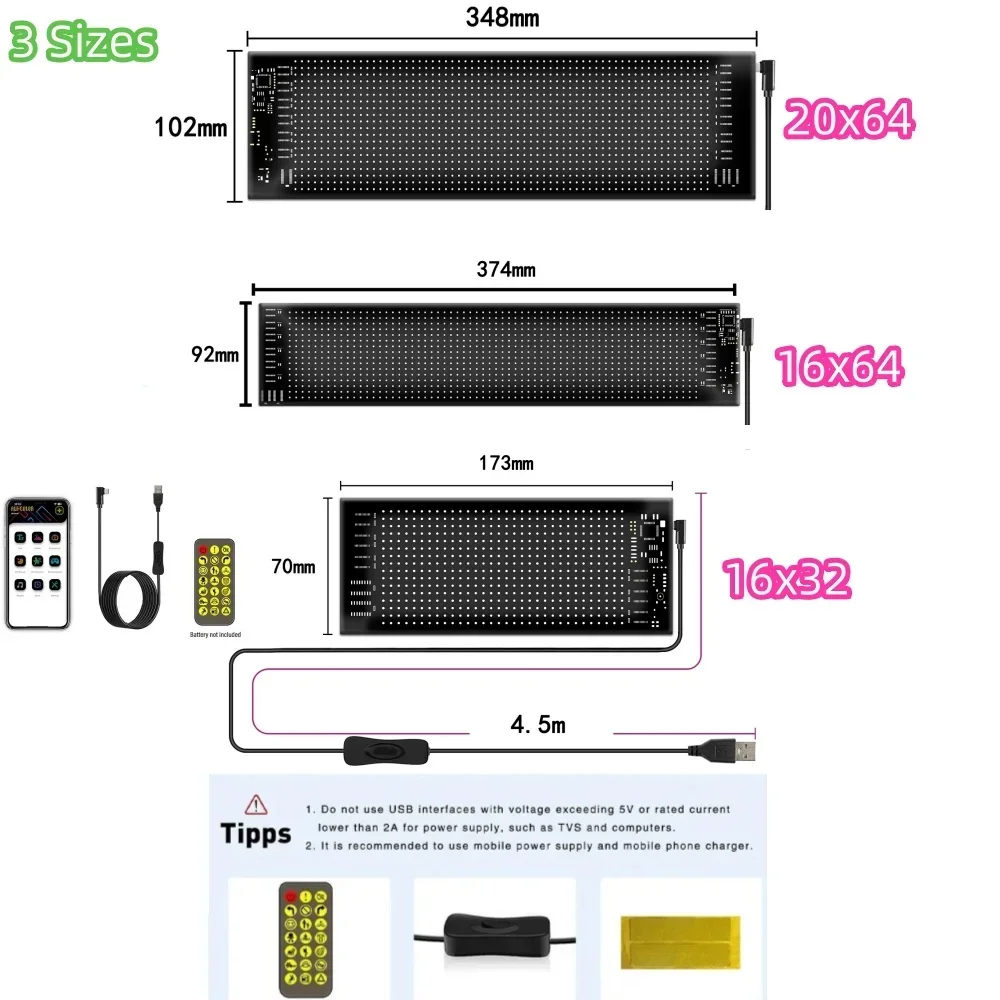 Imagem -02 - Painel Matriz Led com Animação Padrão para Car Window Store Jogo Pixel Macio App Programável Faça Você Mesmo Usb 5v Ip65