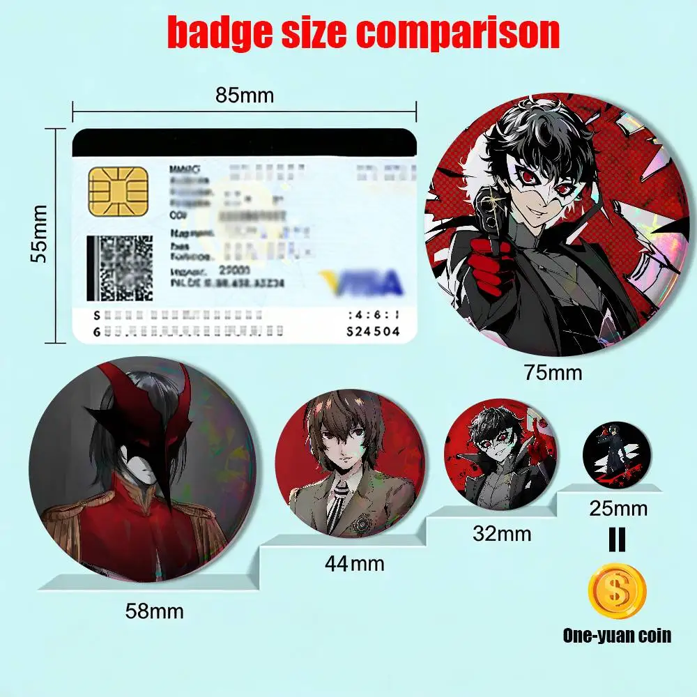 Goro Akechi Persona Joker 58mm 44mm Round Pins Creativity Printed Pictures Text Metal Lapel Badges Brooches Jewelry