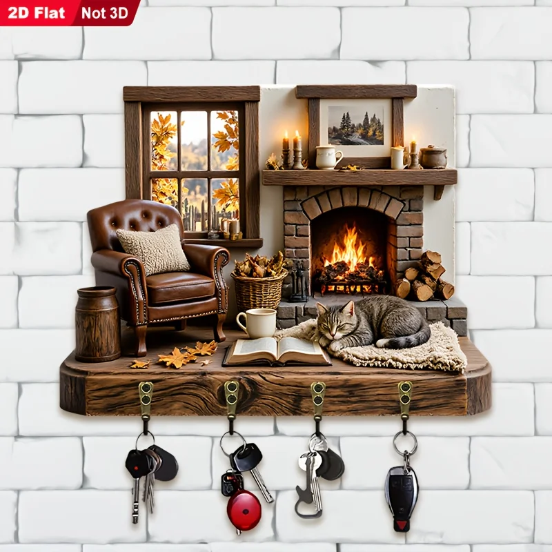 2D Flat, 1pc, Vintage Fireplace Themed Key Hook, Wooden Multi-functional Home Key Hanger, with Four Metal Hooks, Wall