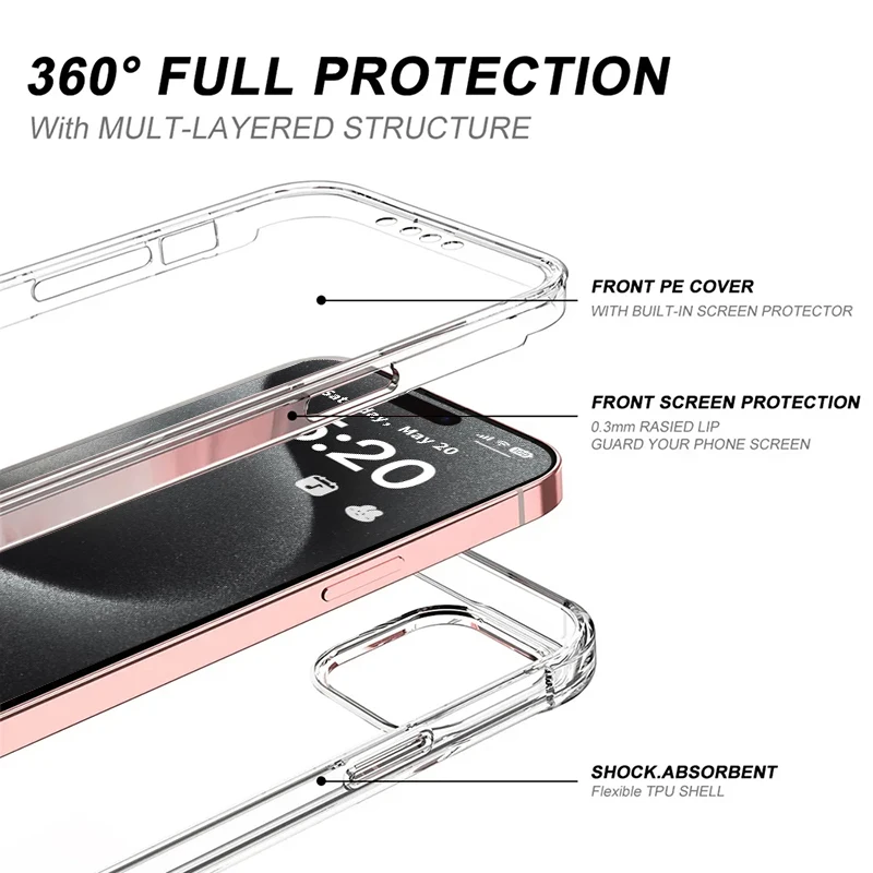 360-Ganzkörperhülle für iPhone 16, 15, 14, 13, 12, 11 Pro Max, stoßfeste, transparente, doppelseitige Hülle für iPhone X XS XR 7 8 SE 2 3 – Detail 2