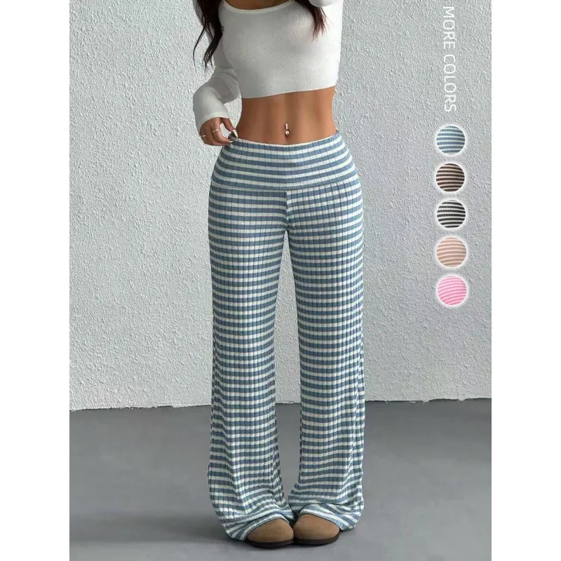 

2025 осенне-зимние новые женские повседневные полосатые вязаные прямые брюки