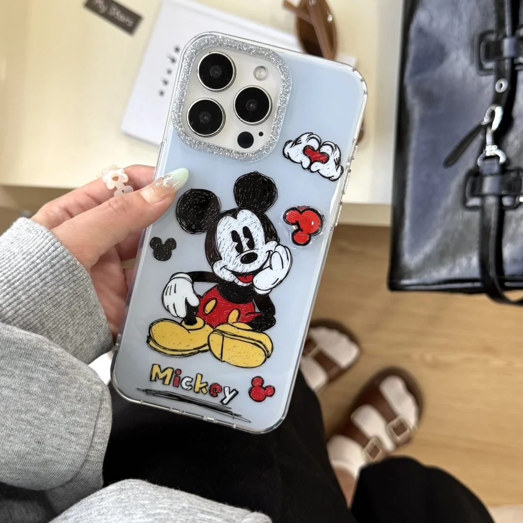 

Cute Graffiti Mickey Minnie Mouse Lovely Glitter lens Camera Protection Phone Case For iPhone 16 15 14 13 Pro Max Cover