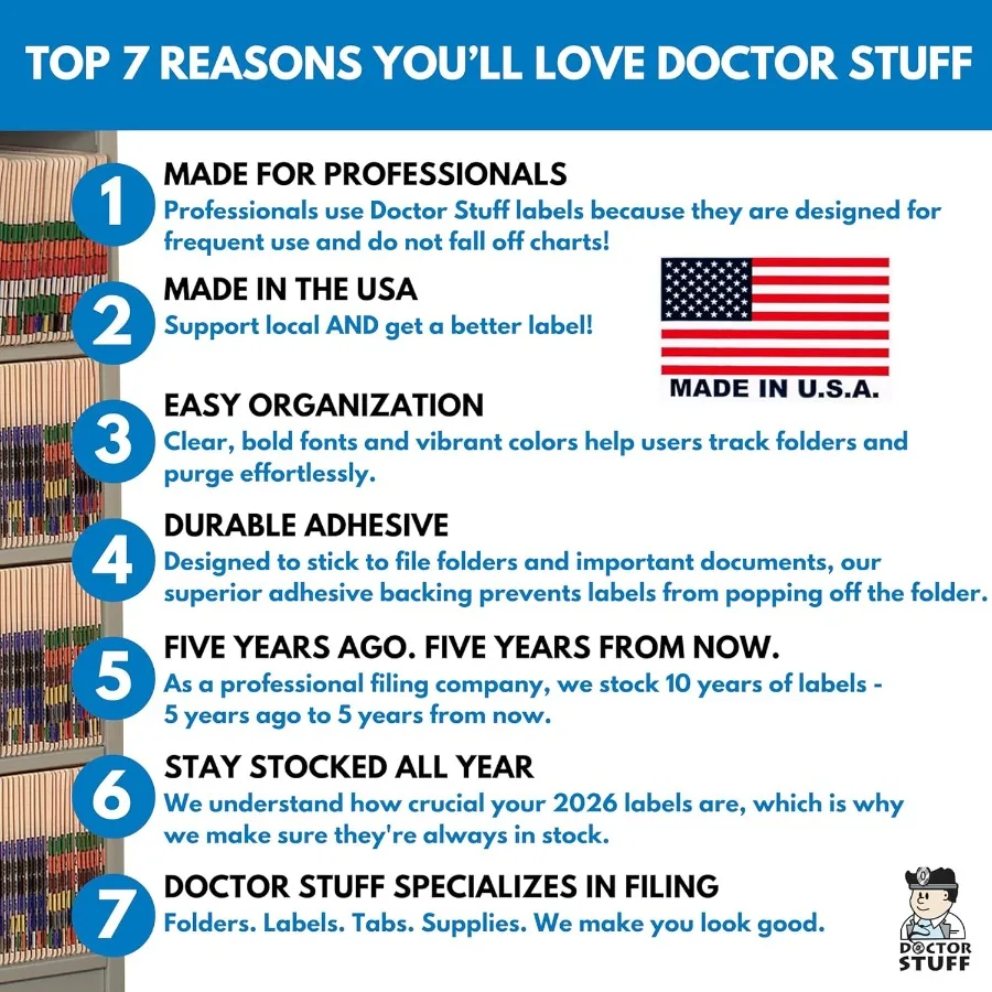 2026 MINI Top Tab Year Adesivos Verde Compatível com Smead Top Tab Doctor Stuff 2026 Gráfico Adesivos EUA Feito Etiquetas de Ano para F