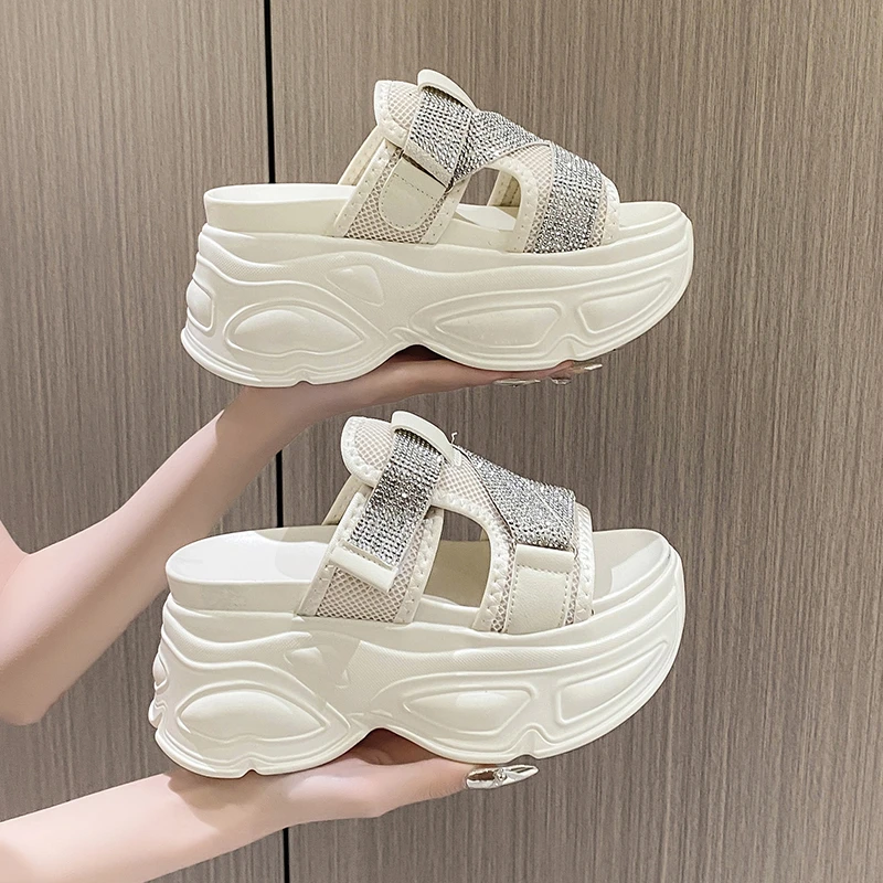 8.5cm Women Platform Slippers Air Mesh Chunky Sandals Beach Shoes Bling Wedge Heels Peep Toe Slides Ladies Outside Flip-Flops