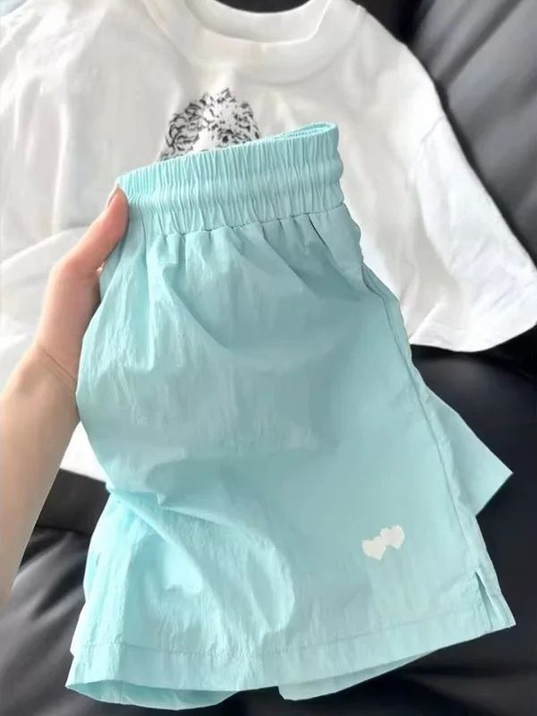 Quick Dry Sporty Women's Shorts Summer Small Size Lake Blue High Waist Wide Leg Pants Commute Style Korean Loose Fit Pocket