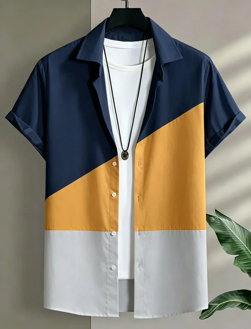 Men's Geometric Color Blocked Vacation Short Sleeved shirt, For Casual activities, Street travel, eye-catching Vacation Style