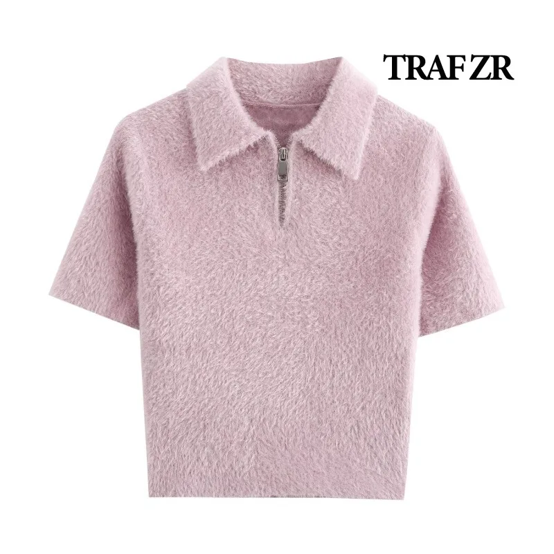 TRAF ZR Fall T-shirts Polo Short Sleeve T-shirt Harajuku Fashion Prairie Chic Fur T-shirt Cropped Turn-down Collar T-shirts