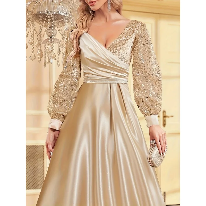 Dames luxe baljurk 2025, champagne pailletten avondjurk met lantaarnmouwen, feestjurk, vestidos de fiesta, op maat