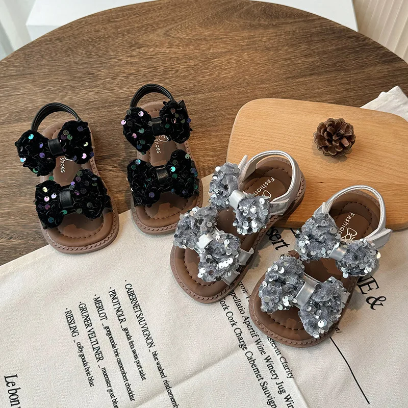 Girls Sandals Fashion Sequins Dress Princess Shoes 2024 Summer Soft Sole Beach Shoes Bow Cute Open Toe Kids Shoes Zapatos Niña