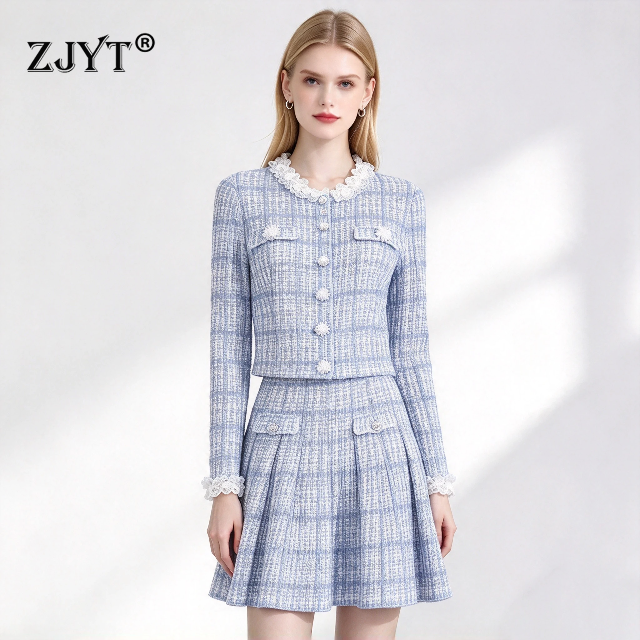ZJYT Luxury Pearls Knitted Cardigans Sweater for Party Evening Women 2026 Fall Long Sleeve Knit Tops Female Jumper Mini Skirts