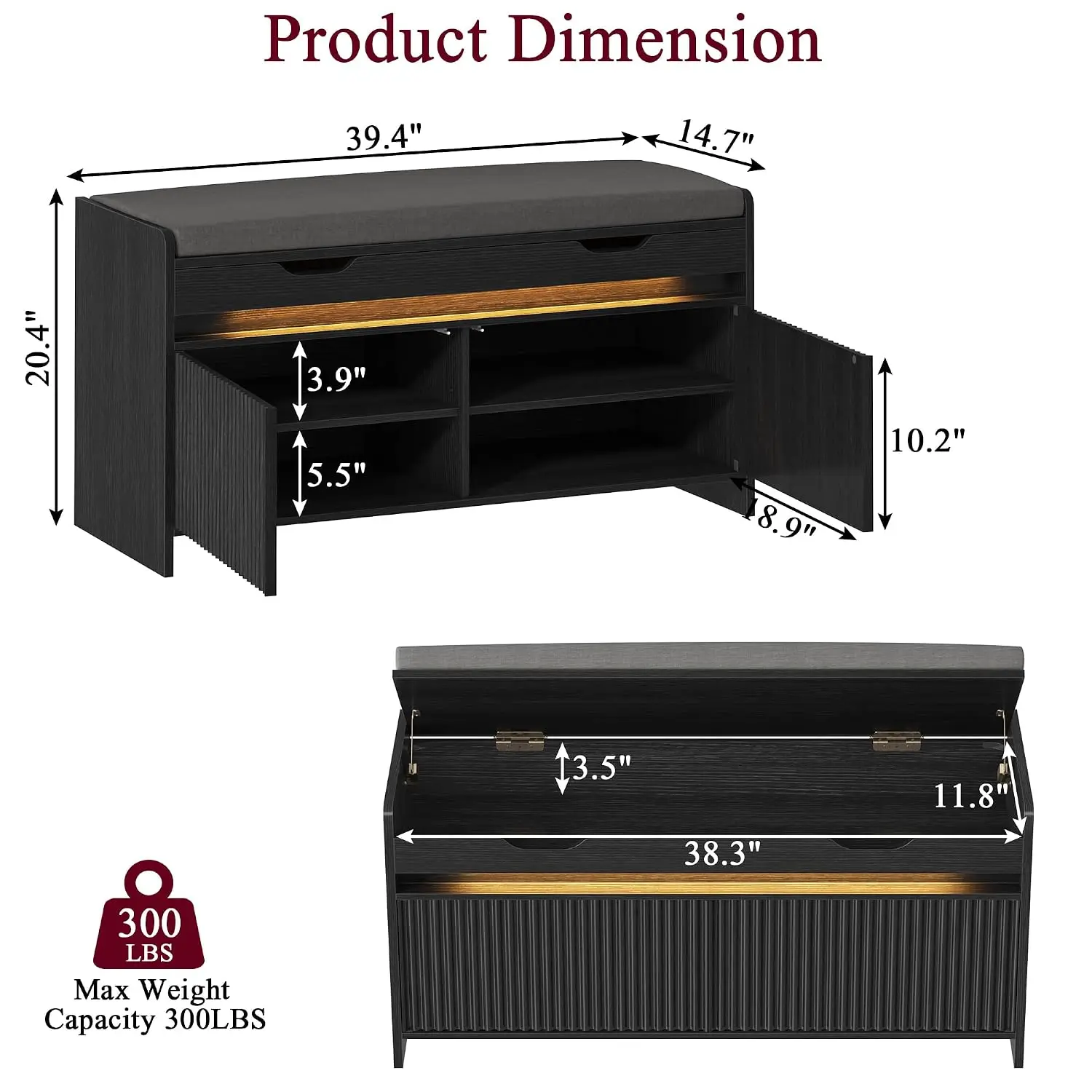 Shoe Storage Bench, Modern Entryway Bench with Fluted Doors & Built-in LED Sensor Light, Wooden Shoe Bench, Customized