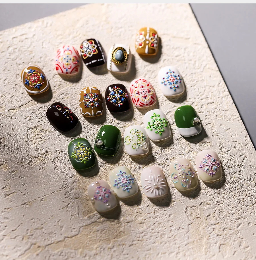 Colored Bohemian Style Retro Totems 5D Soft Embossed Reliefs Self Adhesive Nail Art Stickers Vintage Manicure Decals Wholesale