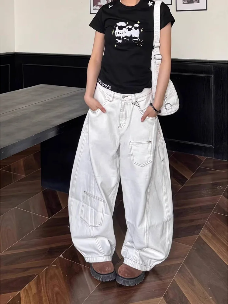 

Белые широкие джинсы-багги из денима для мужчин, летний дизайн, в американском уличном стиле, модные, дышащие, для подростков...