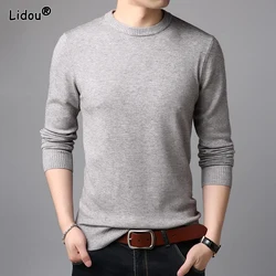 Men's Spring and Autumn Pullover Round Neck New Fashion Casual Solid Color Sweater Knitted Slim Fit Versatile Long Sleeved Tops