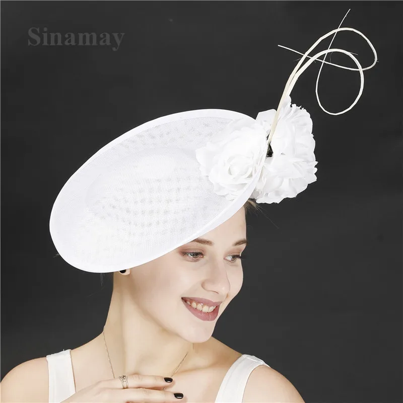 New Beige White Kentucky Big Fascinators For Wedding Hair Cocktail Church Hats Elegant Women Fedora Lady Fancy Flower Headwear