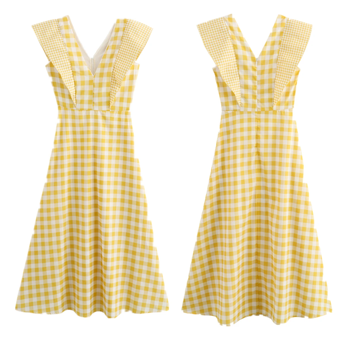 

Jenny&Dave French Minimalist Yellow Plaid Dress Women Fashion Girls Patchwork Loose Midi Dress Summer Vestidos Sleeveless Dress