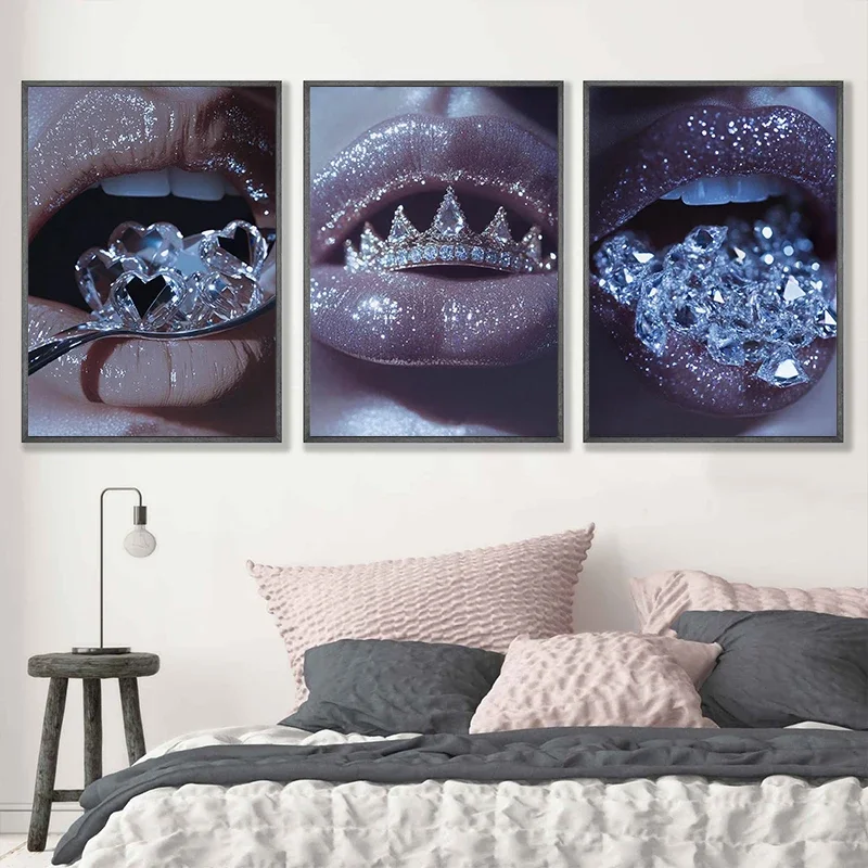 Luxury Woman Glamorous Lip Posters Fashion Glossy Diamonds Cherries Prints Canvas Painting Wall Pictures Home Living Room Decor