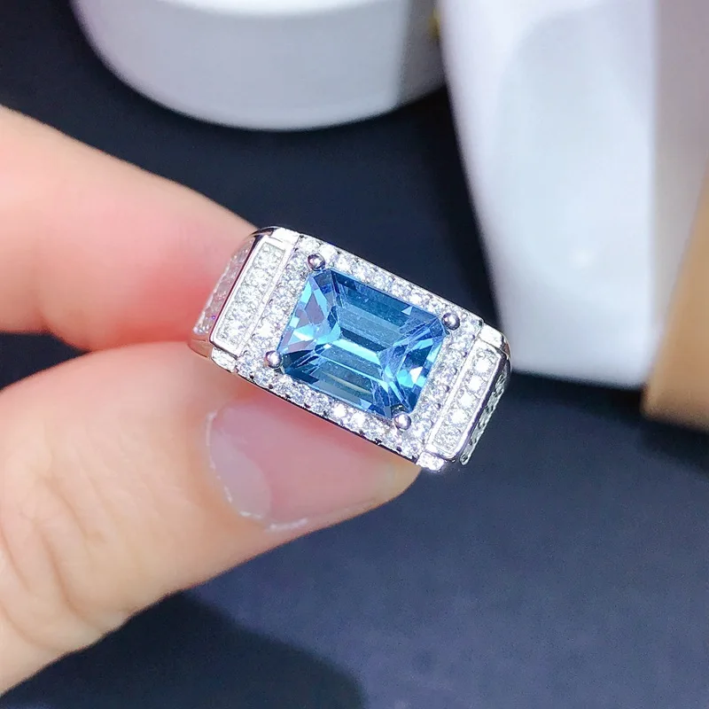 

MeiBaPJ 7mm*9mm Natural Blue Rectangle Topaz Fashion Ring for Men Real 925 Sterling Silver Fine Wedding Jewelry