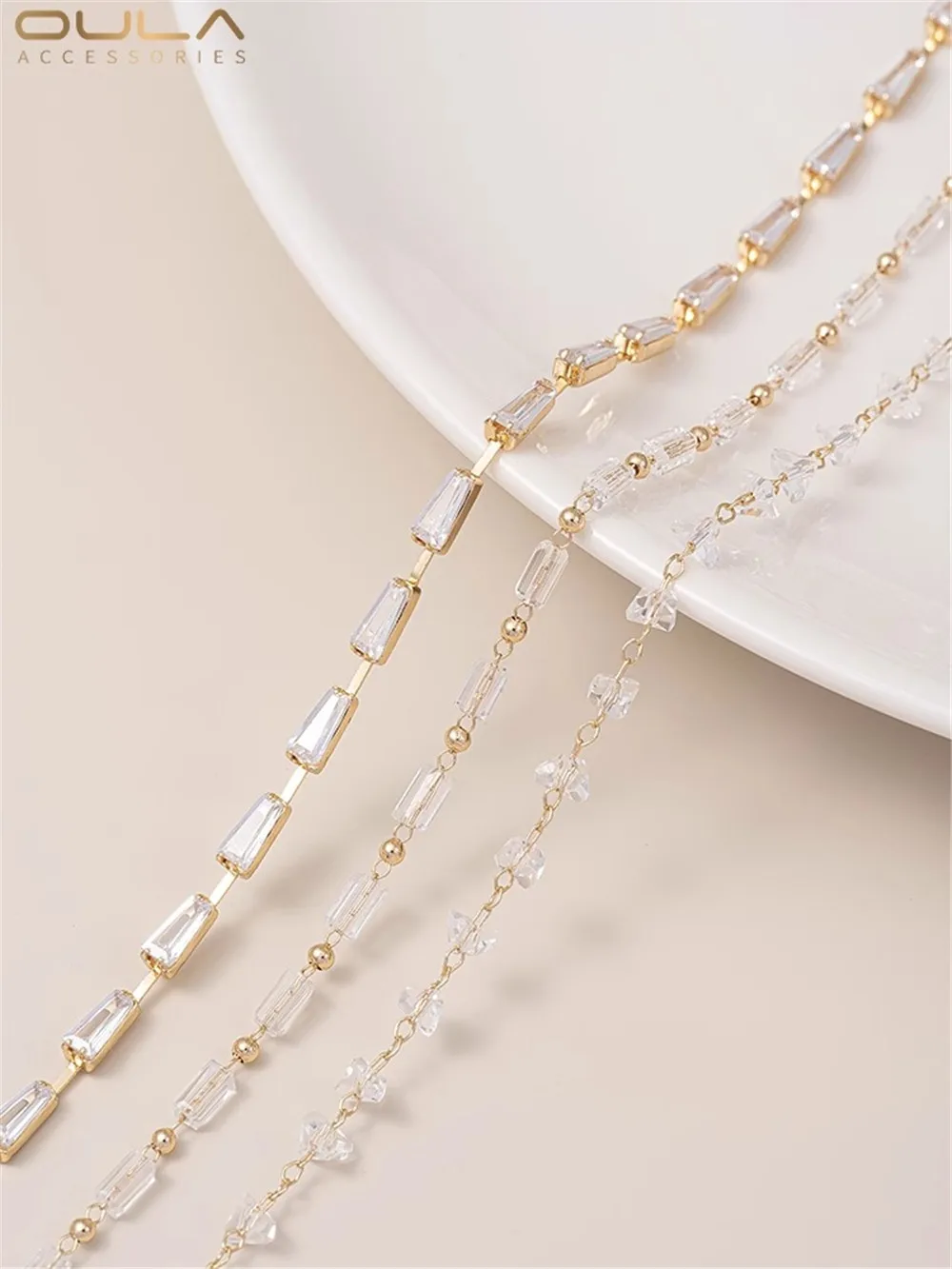 

14K Crystal Zircon Angled Heart-shaped Square Tube Clip Gold Bead Chain T Square Sparkling Zirconia Claw Chain DIY Jewelry Chain