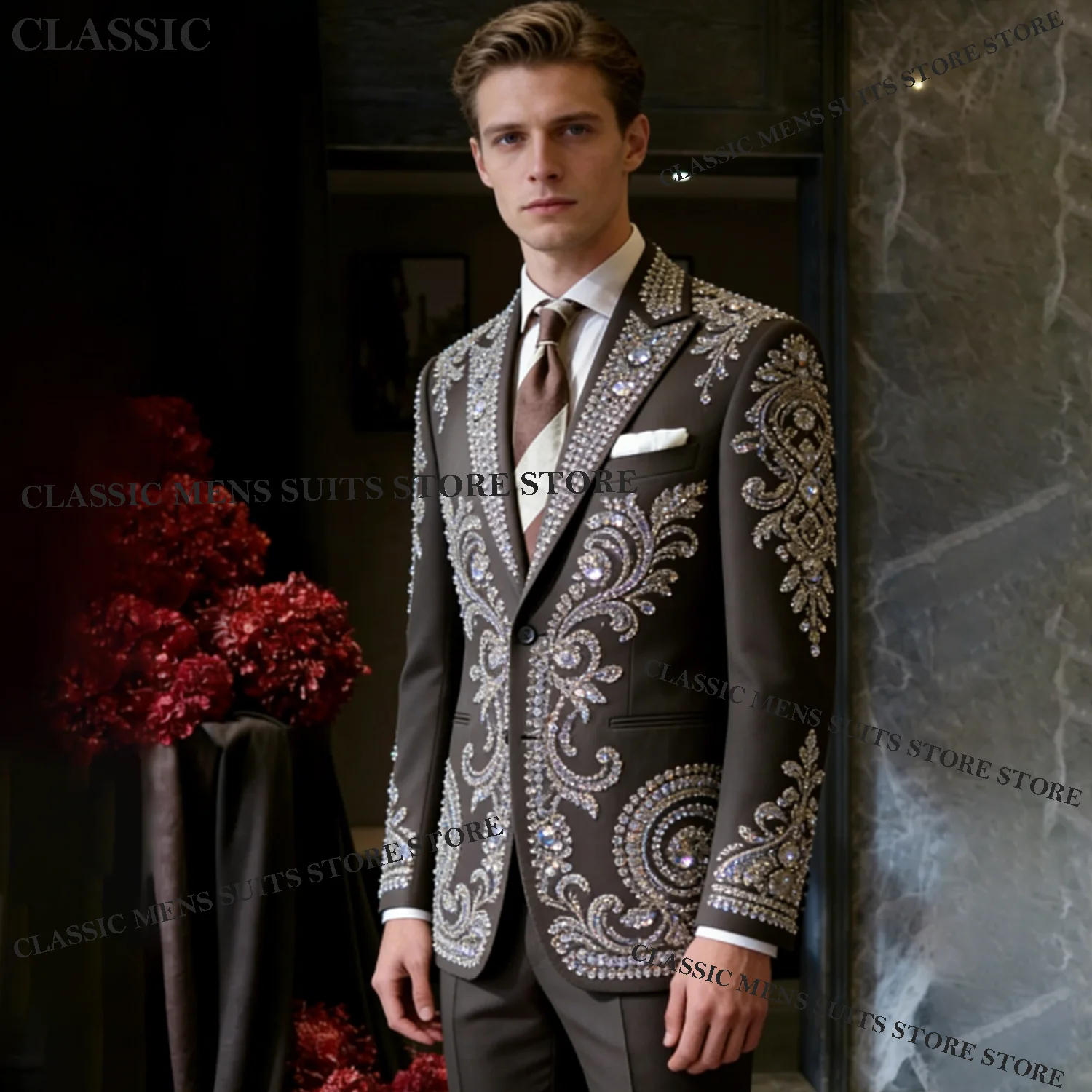 

Изысканные мужские костюмы с пайетками для свадьбы, выпускного вечера, блестящие блейзеры с бриллиантами, комплекты из 2 предметов, смокинги, приталенные, на заказ