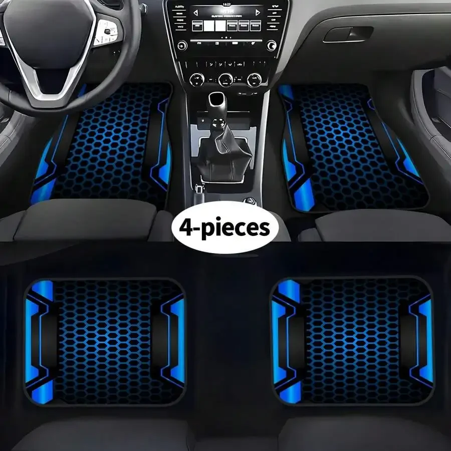 2D, 4-Piece Set Of Tech-Inspired Border Patterned Car Floor Mats, Front And Rear Carpets, Car Interior Accessories Floor Mats,