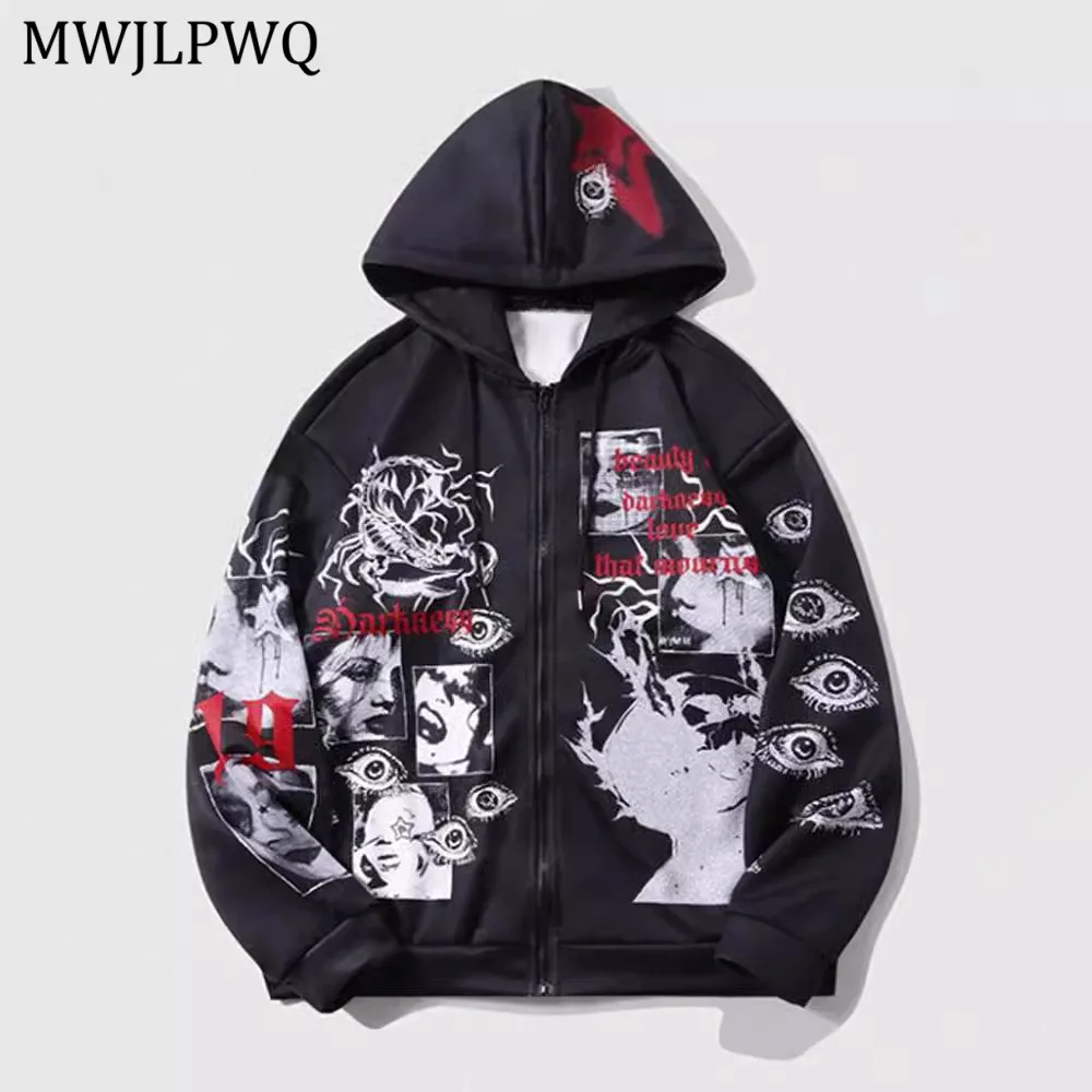 

MWJLPWQ Printed Zipper Hooded Sweatshirts Hooded High Street Y2K Women Niched Design Loose Casual Hiphop Jacket Autumn 011006