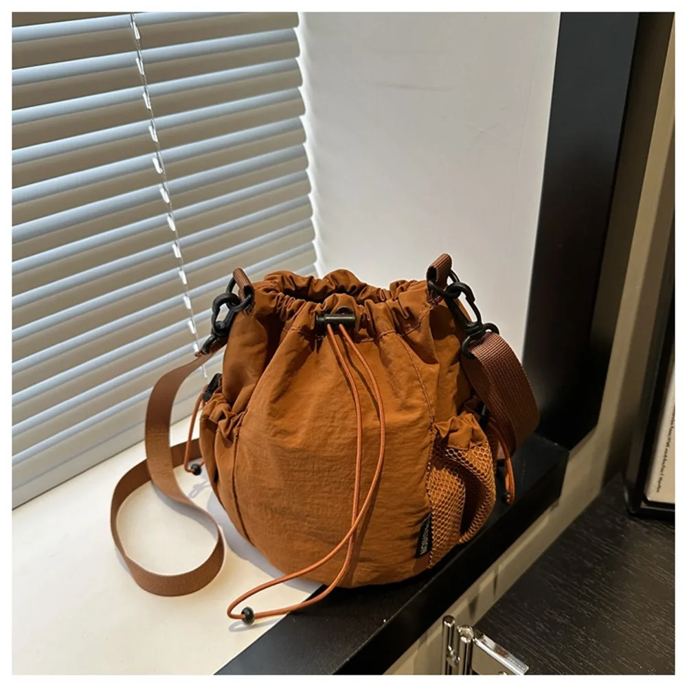

Cute Korean Style Drawstring Bucket Bag Handbag Purse Nylon Shoulder Bag Solid Color Mobile Phone Bag Small Crossbody Bag Travel