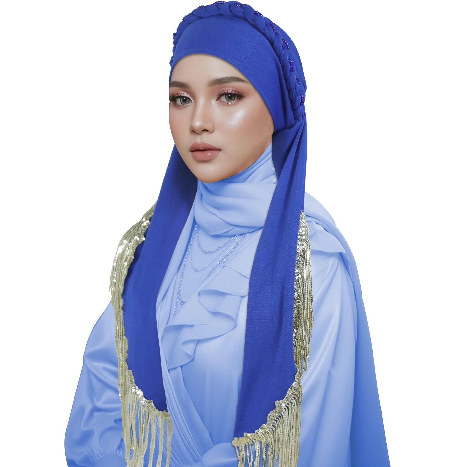 Mode paillettes perlées Hijab avec longue queue gland tresses Turban femmes musulman Islam foulard chimio casquette doux bandeau bandeau