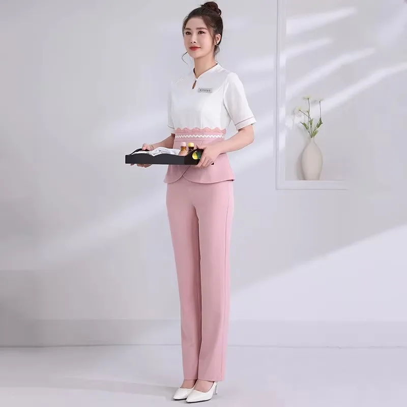 女性用半袖ユニフォーム,美容院スーツ,スパ,美容師服,ホテル,マッサージ作業服,韓国のダンガリー,夏