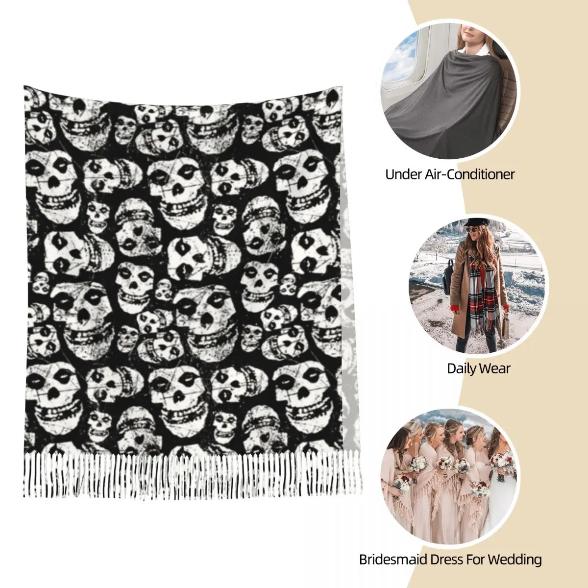 Misfits Skull Scarf for Womens Winter Fall Cashmere Shawl Wrap Halloween Cartoon Large Scarves with Tassel for Evening Dress