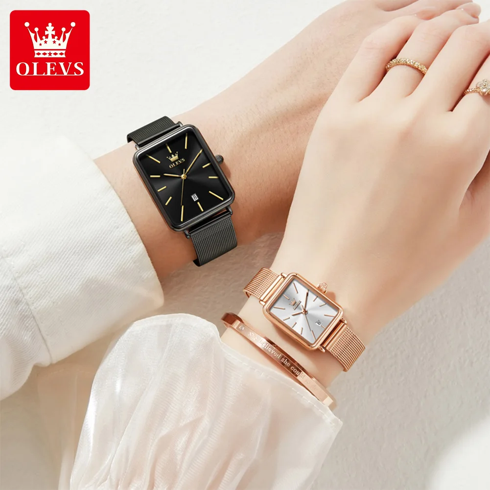 OLEVS 3692 Couple Watch Brand Simple Square Quartz Watch Ultra Thin Waterproof Luminous Calendar Men Women Dating Couple Watch