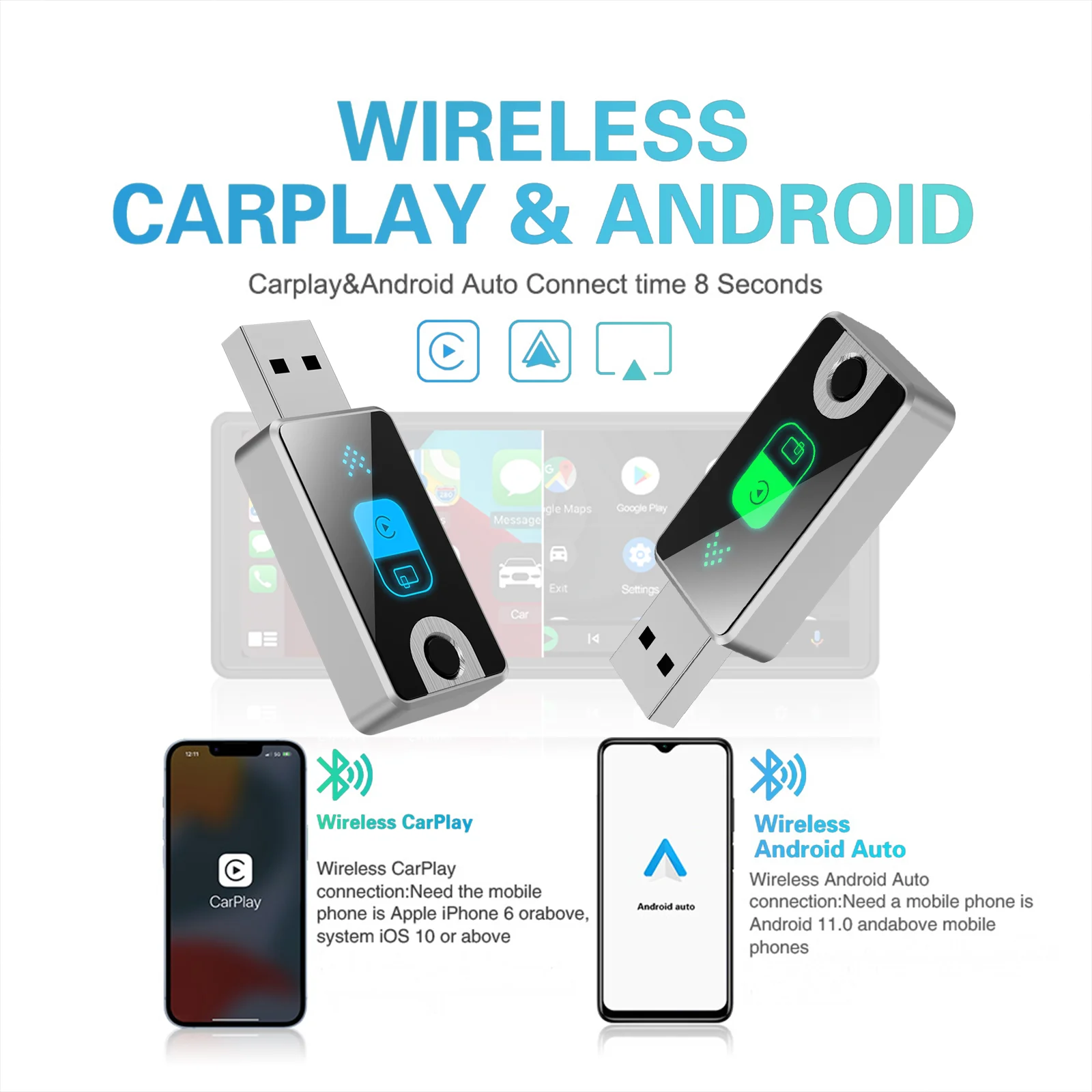 2-in-1 draadloze carplay- en Android-auto-adapter, snelle verbinding CarPlay-adapter met schakelaar met één klik voor iPhone en Android