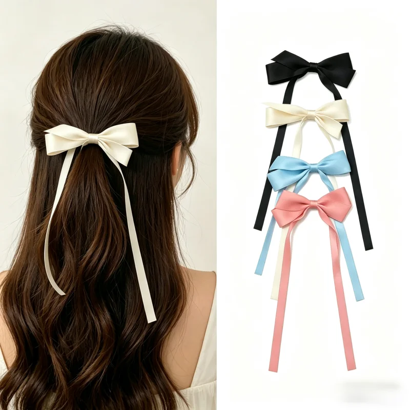 New Fashion Long Tail Satin Bow Hair Clip Elegant Solid Color Hair Barrette For Women Girls Daily Party Hair Accessories 