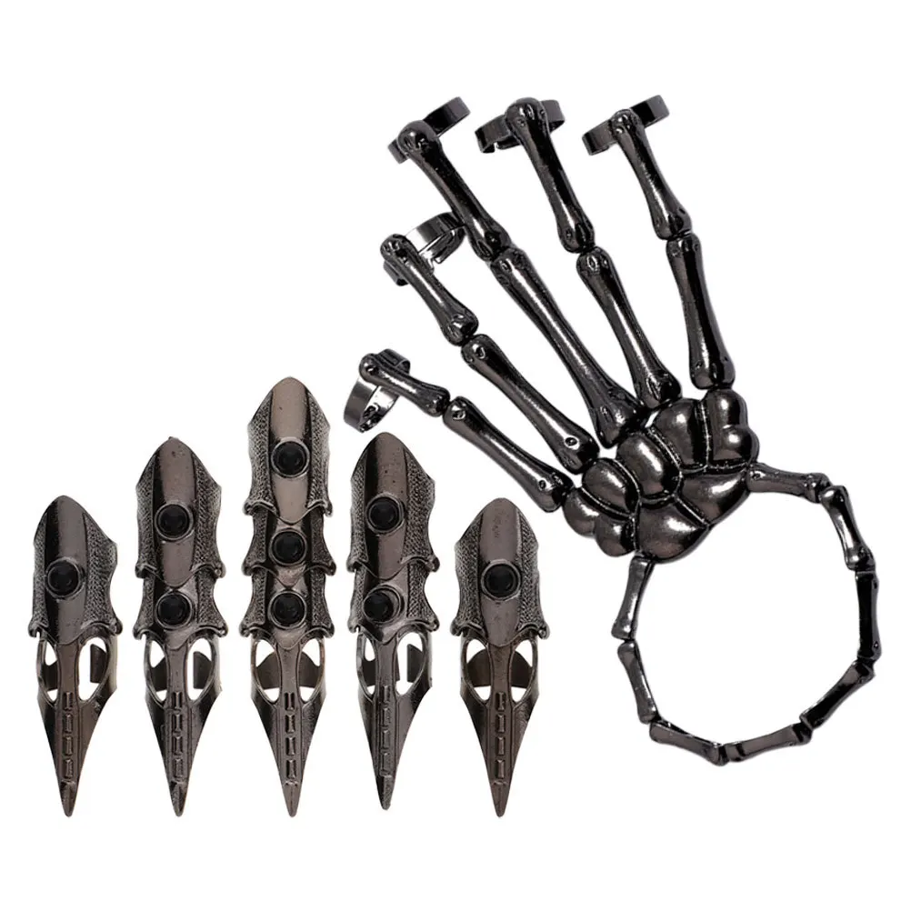 1 Juego de anillo de guante de dedo largo: pulsera de mano ajustable, anillos de unión de aleación Punk para hombres y mujeres, joyería gótica para Cosplay