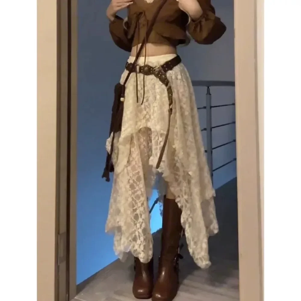 

Сексуальная элегантная винтажная кружевная юбка-грибок для женщин Y2k с эластичной резинкой на талии, юбки средней длины, модные нерегулярные универсальные Faldas Mujer