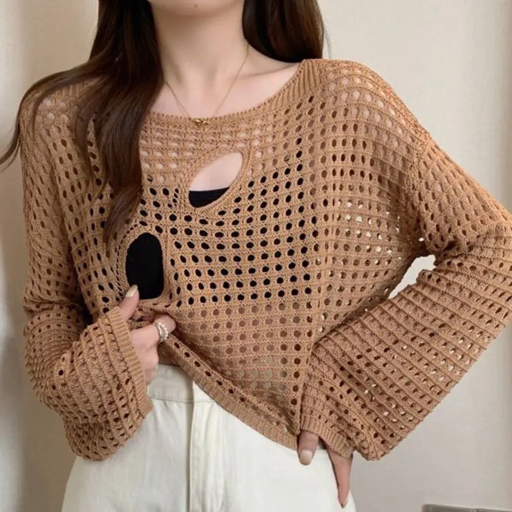 Fashion Knit Hollow-out Blouses Round Neck Hollow-out Fishnet Pullover Long Sleeve Thin Knitwear Tops Women